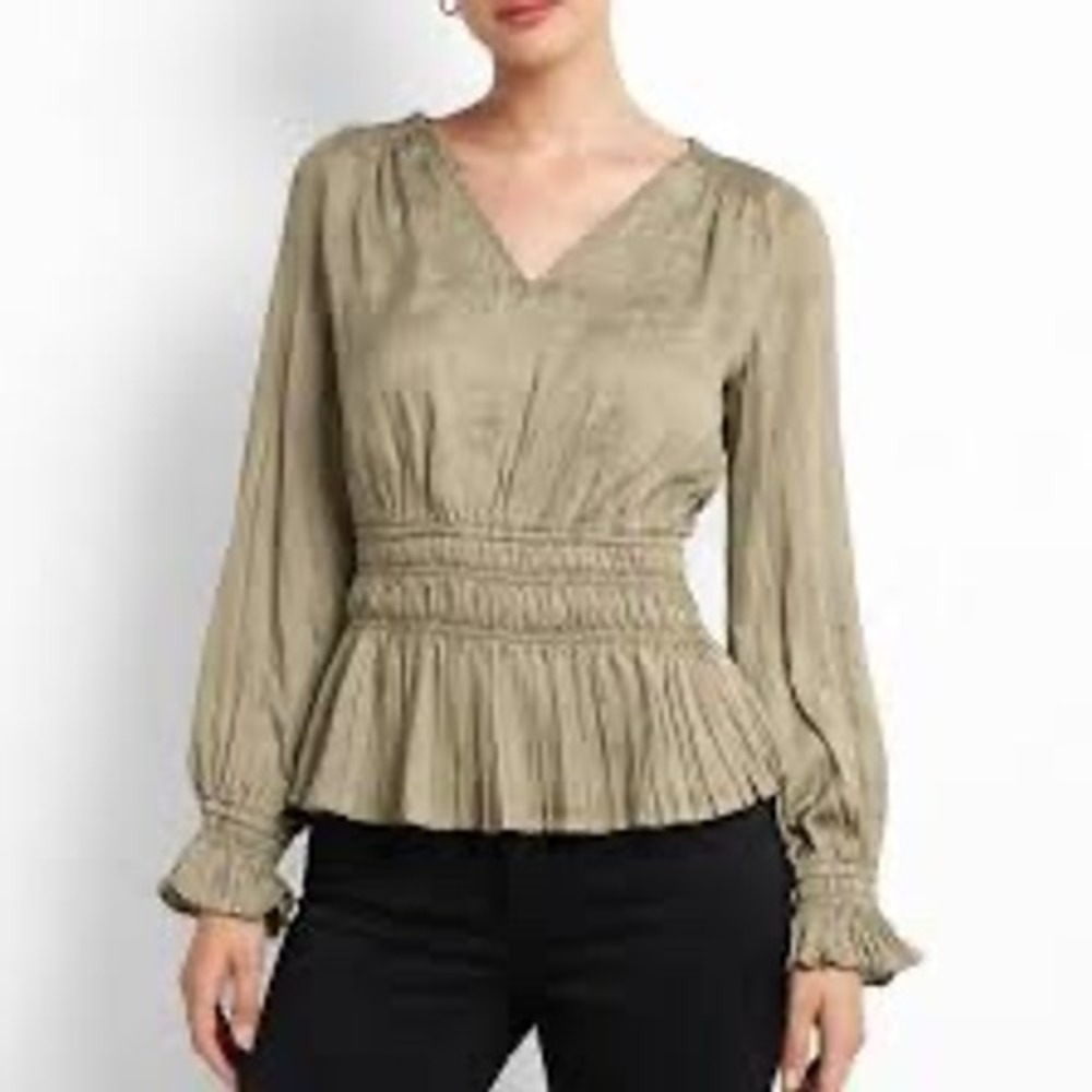 Philosophy Republic Clothing Taupe Smocked Peplum Blouse V-Neck Long Sleeve - S